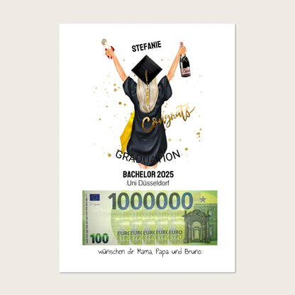 Geldgeschenk Wunscherfüller - Personalisiertes Abschlußgeschenk zum Abi, Bachelor, Master, Doktor - 1. Million - Frau Digitale Datei zum Selberdrucken !!! Digitale Datei zum Selberdrucken - kein Poster Ausdruckbare Formate: A4 A3 A2