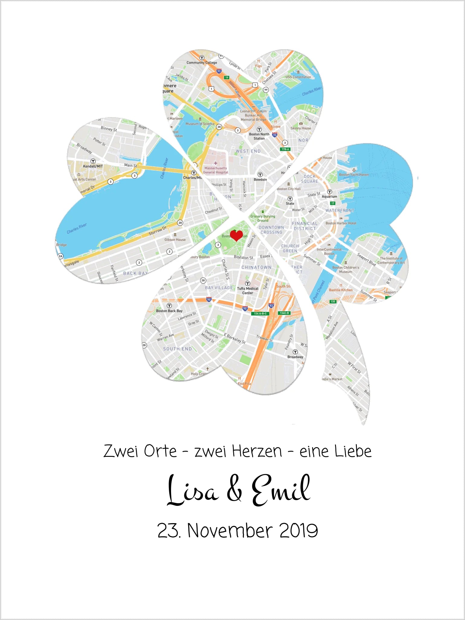 Personalisiertes Hochzeitsgeschenk Kleeblatt Poster Stadtkarte Design | Bild Geschenk Hochzeitstag, Jahrestag, Jubiläum