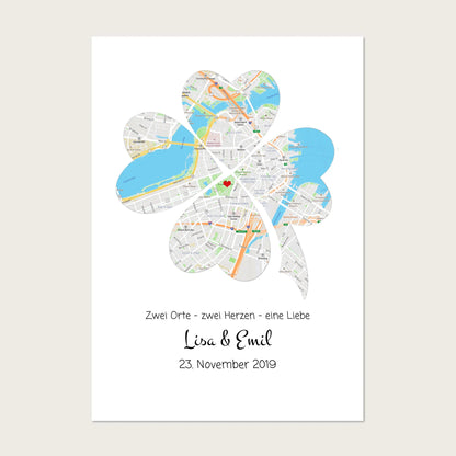 Personalisiertes Hochzeitsgeschenk Kleeblatt Poster Stadtkarte Design | Bild Geschenk Hochzeitstag, Jahrestag, Jubiläum !!! Digitale Datei zum Selberdrucken - kein Poster !!! Digitale Datei zum Selberdrucken - kein Poster A4 A3 A2