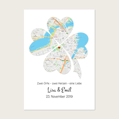 Personalisiertes Hochzeitsgeschenk Kleeblatt Poster Stadtkarte Design | Bild Geschenk Hochzeitstag, Jahrestag, Jubiläum Posters Poster