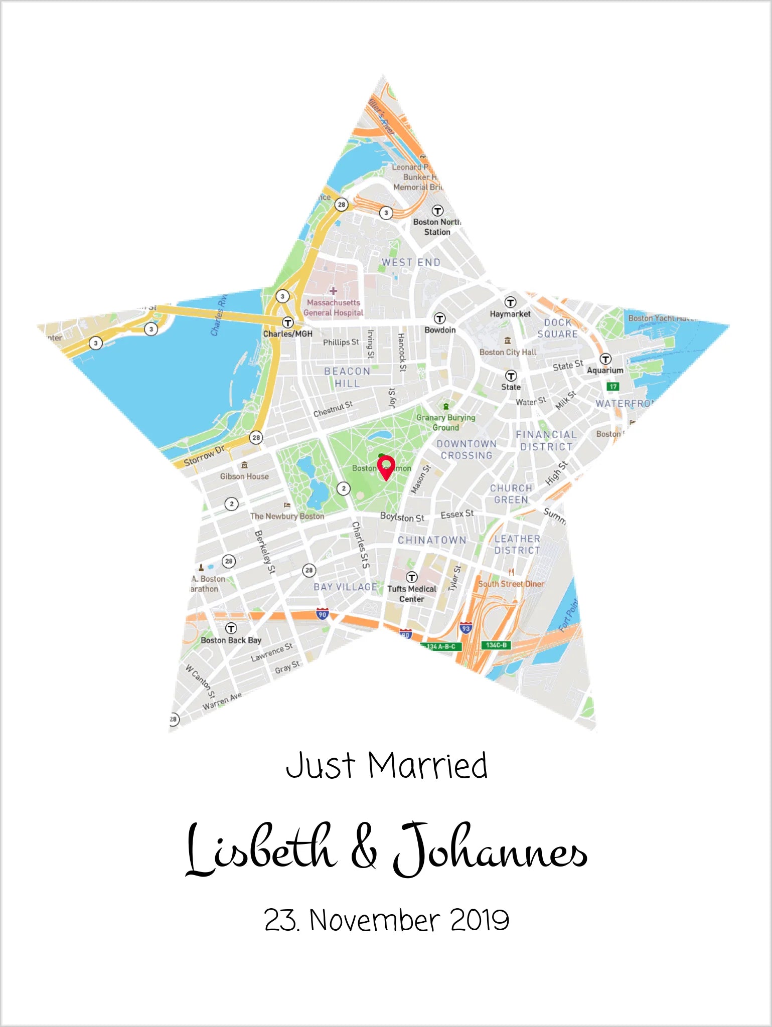 "Just Married" Hochzeitsgeschenk personalisiert | Koordinaten Poster Stern im Stadtkarte Design