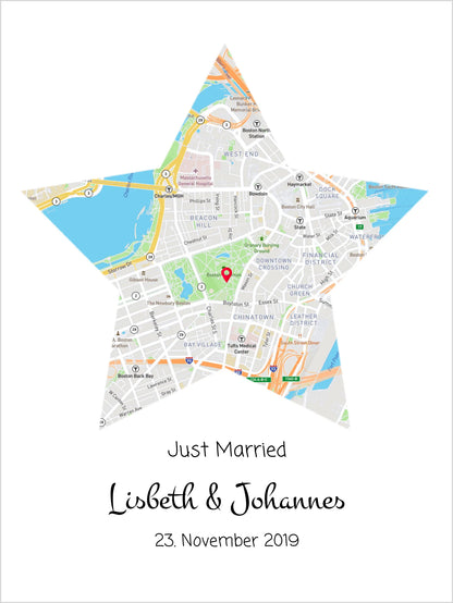 "Just Married" Hochzeitsgeschenk personalisiert | Koordinaten Poster Stern im Stadtkarte Design