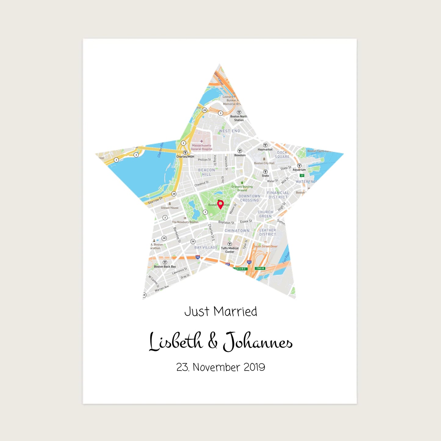 "Just Married" Hochzeitsgeschenk personalisiert | Koordinaten Poster Stern im Stadtkarte Design