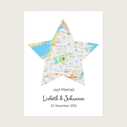 "Just Married" Hochzeitsgeschenk personalisiert | Koordinaten Poster Stern im Stadtkarte Design