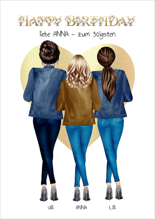 Beste Freundin 30. Geburtstag Geschenk - Freundin Bild mit 3 Frauern | Happy Birthday Poster