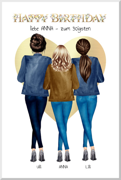 Beste Freundin 30. Geburtstag Geschenk - Freundin Bild mit 3 Frauern | Happy Birthday Poster Leinwanddruck Leinwandbild