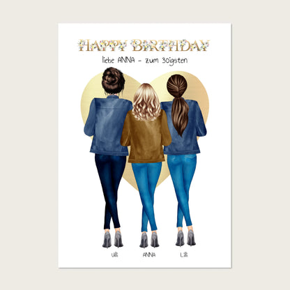 Beste Freundin 30. Geburtstag Geschenk - Freundin Bild mit 3 Frauern | Happy Birthday Poster !!! Digitale Datei zum Selberdrucken - kein Poster !!! Digitale Datei zum Selberdrucken - kein Poster A4 A3 A2