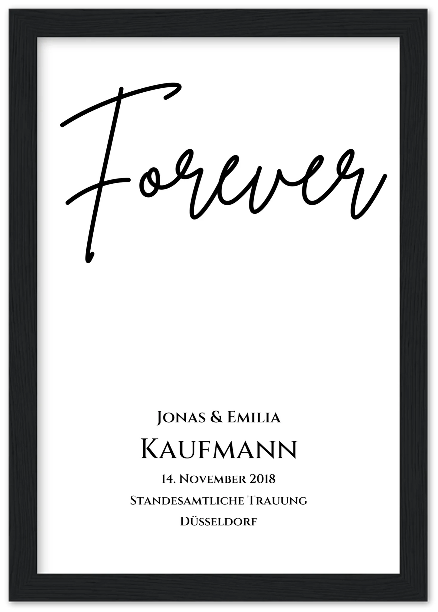 Personalisiertes Hochzeitsposter "Forever" | Hochzeitsgeschenk Bild mit Namen und Datum Premium Matte Paper Wooden Framed Poster - Black - Vertical Gerahmtes Poster A4 21x29.7 cm