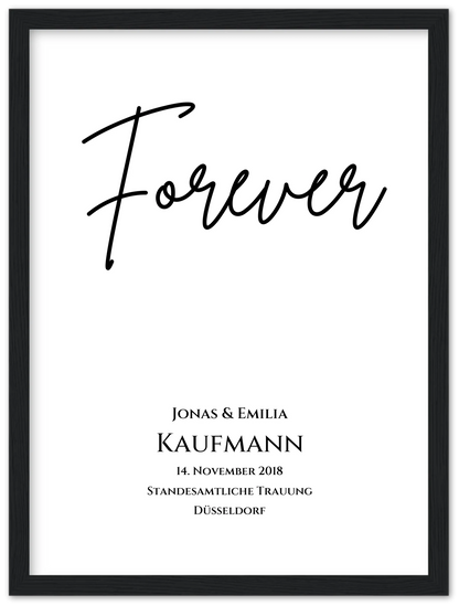 Personalisiertes Hochzeitsposter "Forever" | Hochzeitsgeschenk Bild mit Namen und Datum Premium Matte Paper Wooden Framed Poster - Black - Vertical Gerahmtes Poster