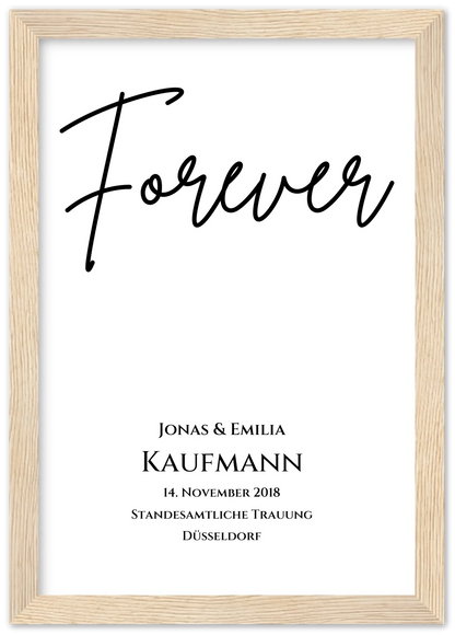 Personalisiertes Hochzeitsposter "Forever" | Hochzeitsgeschenk Bild mit Namen und Datum Premium Matte Paper Wooden Framed Poster - Wood - Vertical Gerahmtes Poster A4 21x29.7 cm