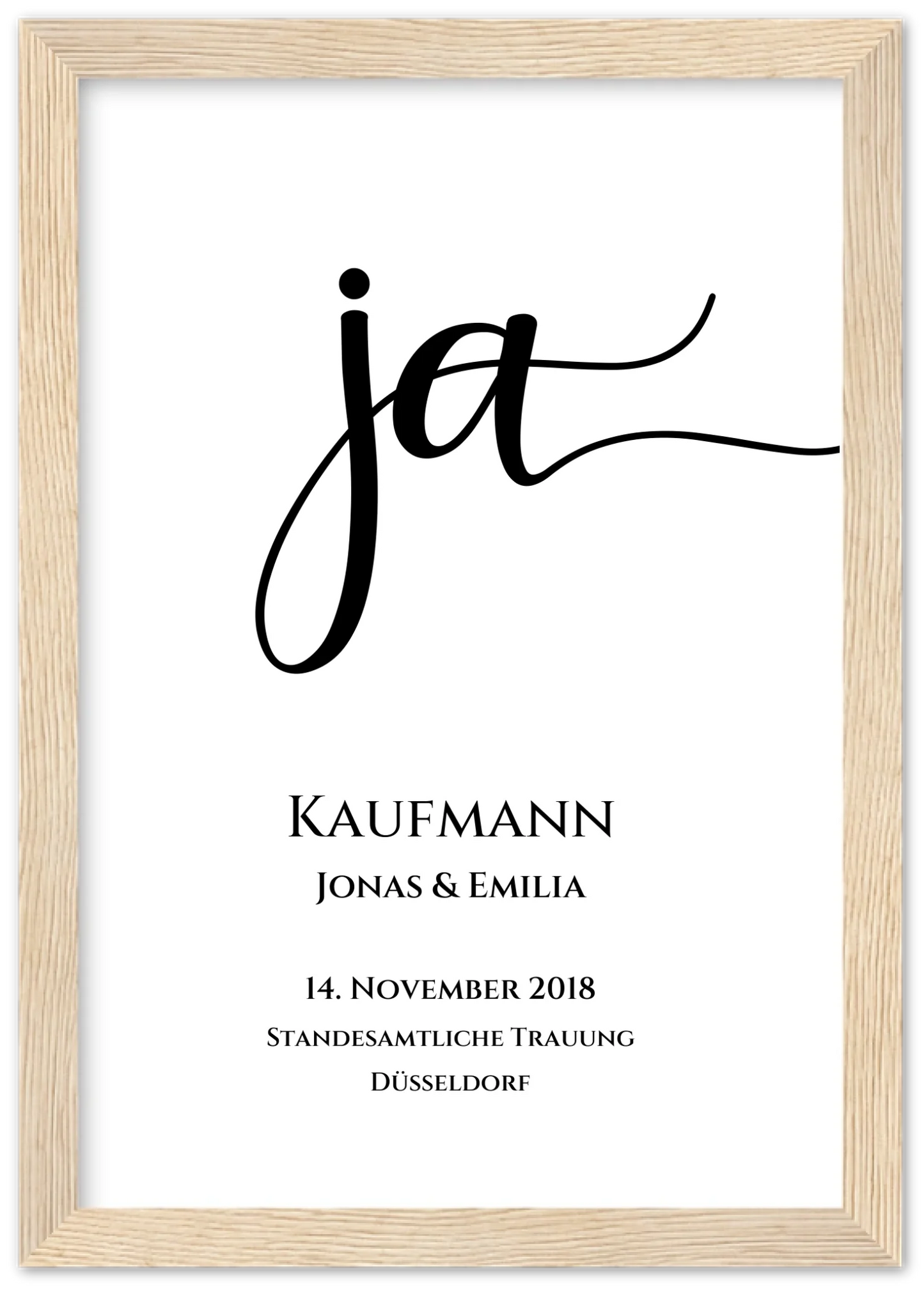 Personalisiertes Hochzeitsposter "JA" | Hochzeitsgeschenk mit Namen und Datum Premium Matte Paper Wooden Framed Poster - Wood - Vertical Gerahmtes Poster A4 21x29.7 cm