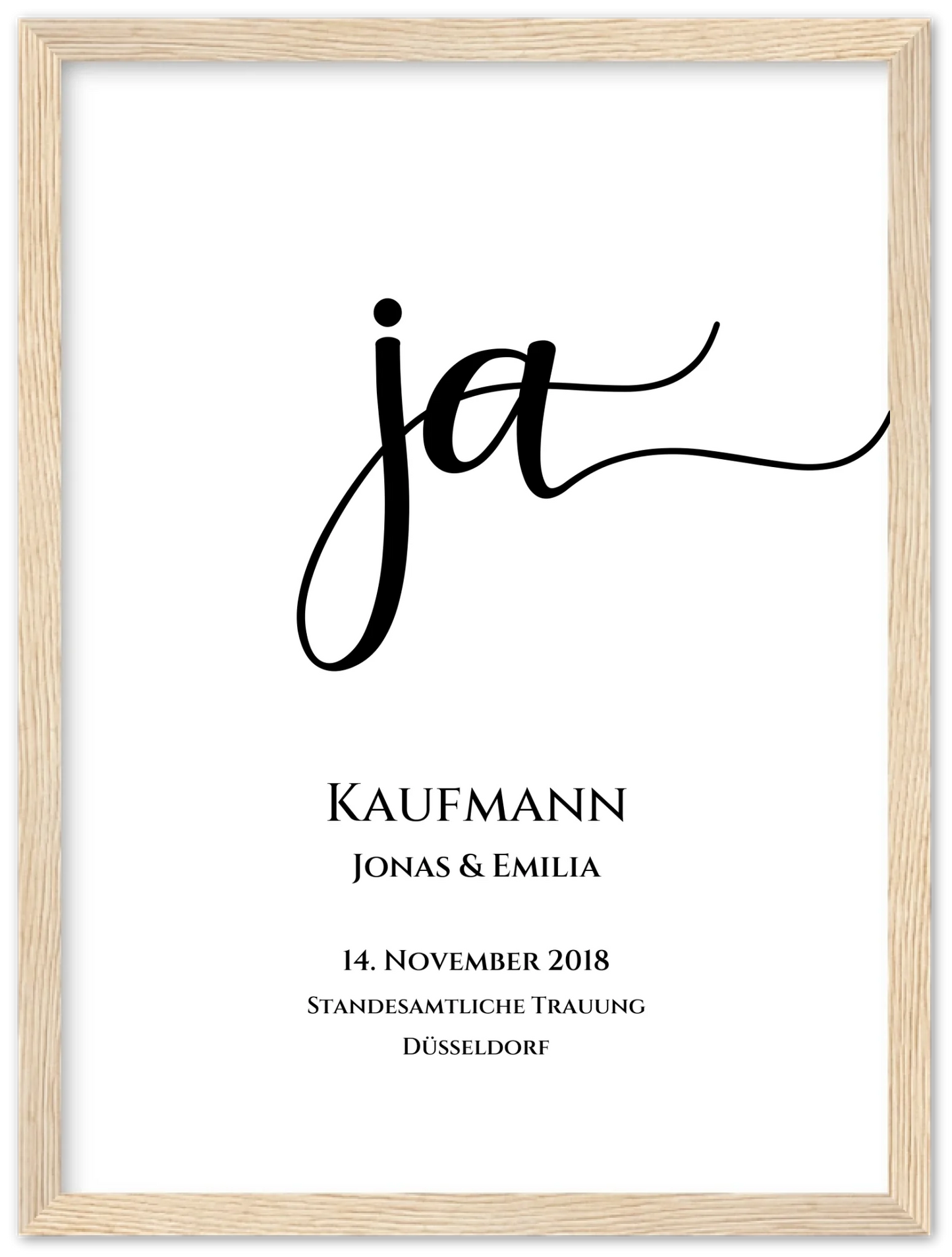 Personalisiertes Hochzeitsposter "JA" | Hochzeitsgeschenk mit Namen und Datum Premium Matte Paper Wooden Framed Poster - Wood - Vertical Gerahmtes Poster
