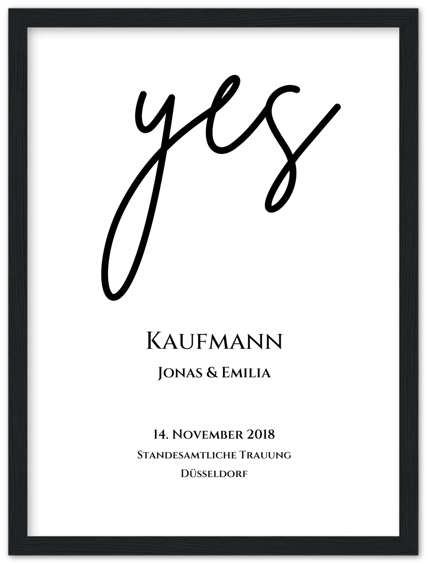 Personalisiertes Hochzeitsposter "YES" | Hochzeitsgeschenk Bild mit Namen und Datum Premium Matte Paper Wooden Framed Poster - Black - Vertical Gerahmtes Poster