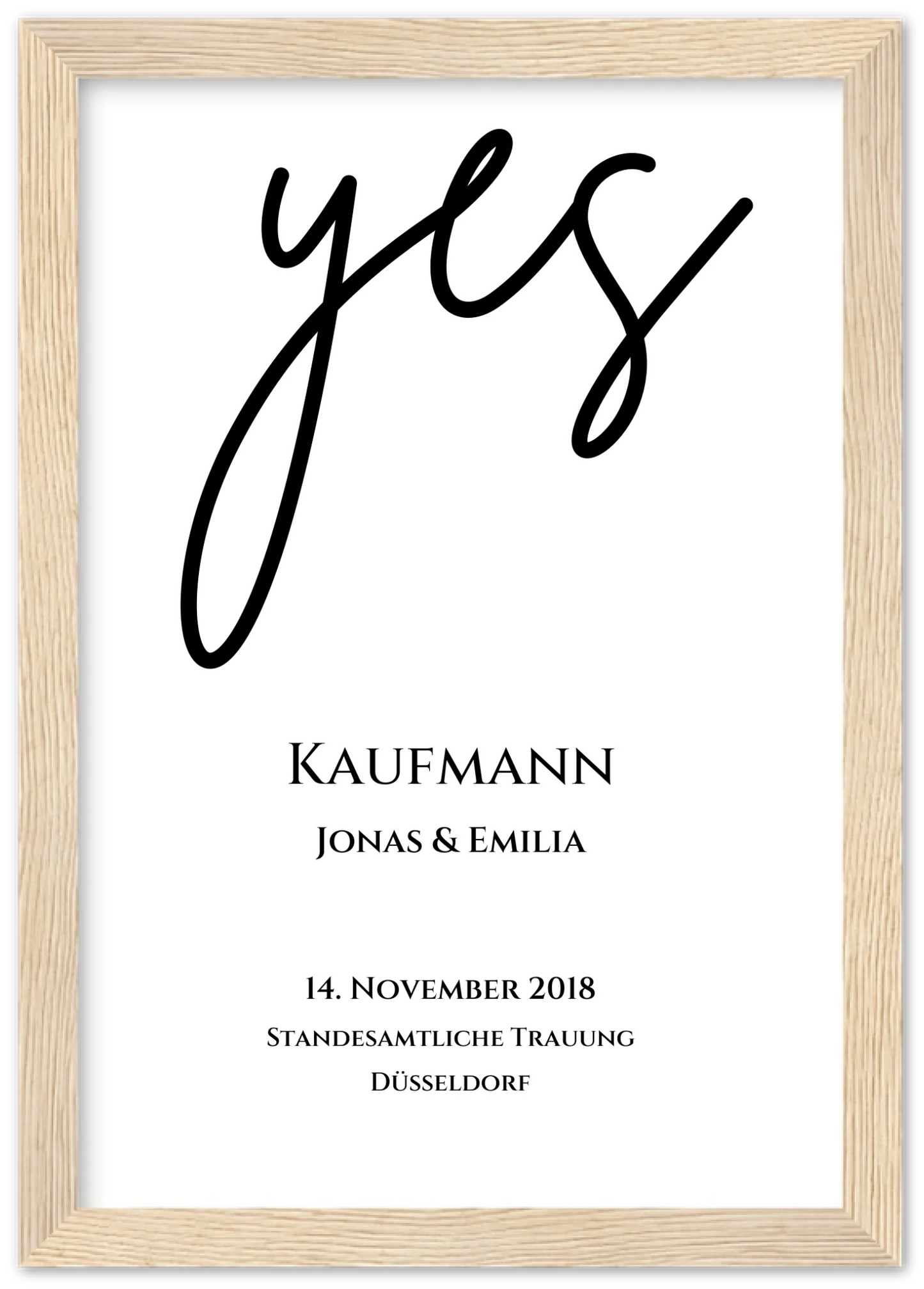 Personalisiertes Hochzeitsposter "YES" | Hochzeitsgeschenk Bild mit Namen und Datum Premium Matte Paper Wooden Framed Poster - Wood - Vertical Gerahmtes Poster A4 21x29.7 cm