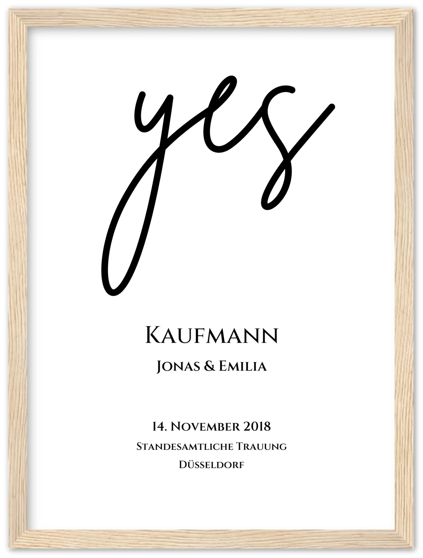 Personalisiertes Hochzeitsposter "YES" | Hochzeitsgeschenk Bild mit Namen und Datum Premium Matte Paper Wooden Framed Poster - Wood - Vertical Gerahmtes Poster