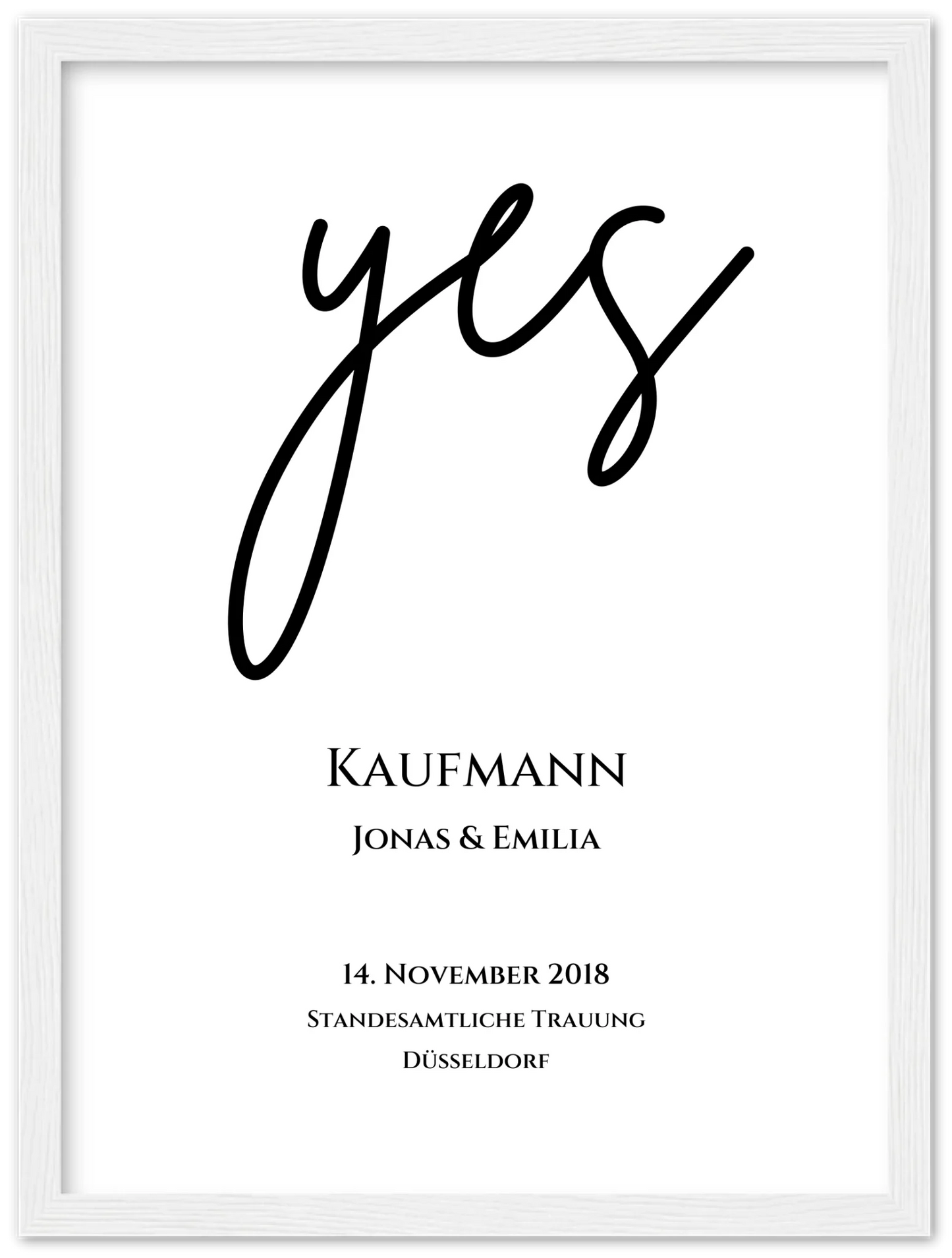 Personalisiertes Hochzeitsposter "YES" | Hochzeitsgeschenk Bild mit Namen und Datum Premium Matte Paper Wooden Framed Poster - White - Vertical Gerahmtes Poster
