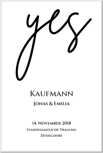 Personalisiertes Hochzeitsposter "YES" | Hochzeitsgeschenk Bild mit Namen und Datum Leinwanddruck Leinwandbild