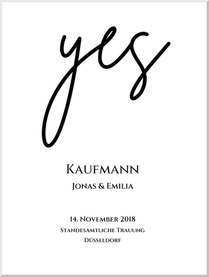 Personalisiertes Hochzeitsposter "YES" | Hochzeitsgeschenk Bild mit Namen und Datum Leinwanddruck Leinwandbild
