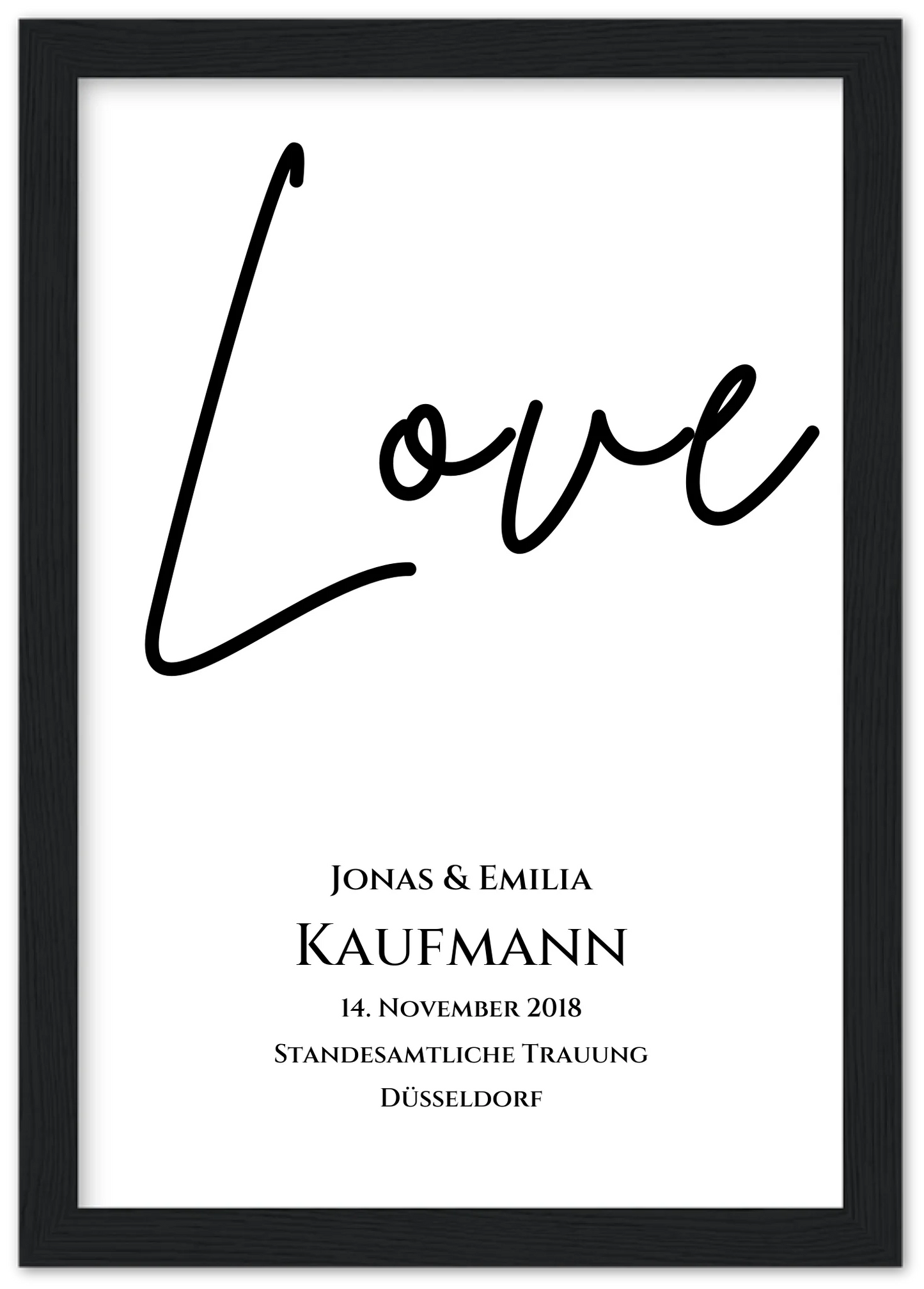 "LOVE" Personalisiertes Hochzeitsposter | Hochzeitsgeschenk Bild mit Namen und Datum Premium Matte Paper Wooden Framed Poster - Black - Vertical Gerahmtes Poster A4 21x29.7 cm