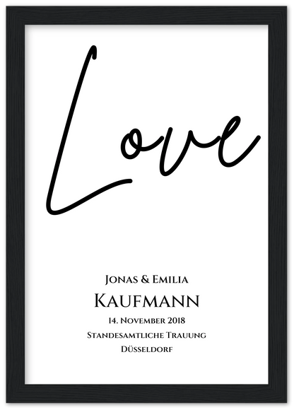 "LOVE" Personalisiertes Hochzeitsposter | Hochzeitsgeschenk Bild mit Namen und Datum Premium Matte Paper Wooden Framed Poster - Black - Vertical Gerahmtes Poster A4 21x29.7 cm