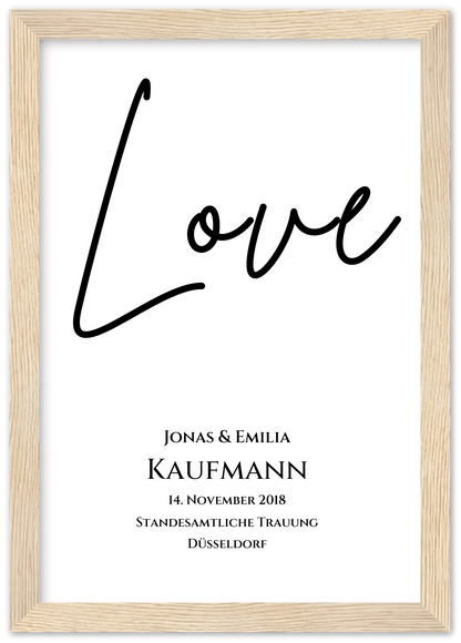 "LOVE" Personalisiertes Hochzeitsposter | Hochzeitsgeschenk Bild mit Namen und Datum Premium Matte Paper Wooden Framed Poster - Wood - Vertical Gerahmtes Poster A4 21x29.7 cm