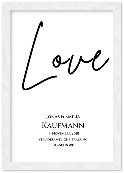"LOVE" Personalisiertes Hochzeitsposter | Hochzeitsgeschenk Bild mit Namen und Datum Premium Matte Paper Wooden Framed Poster - White - Vertical Gerahmtes Poster A4 21x29.7 cm