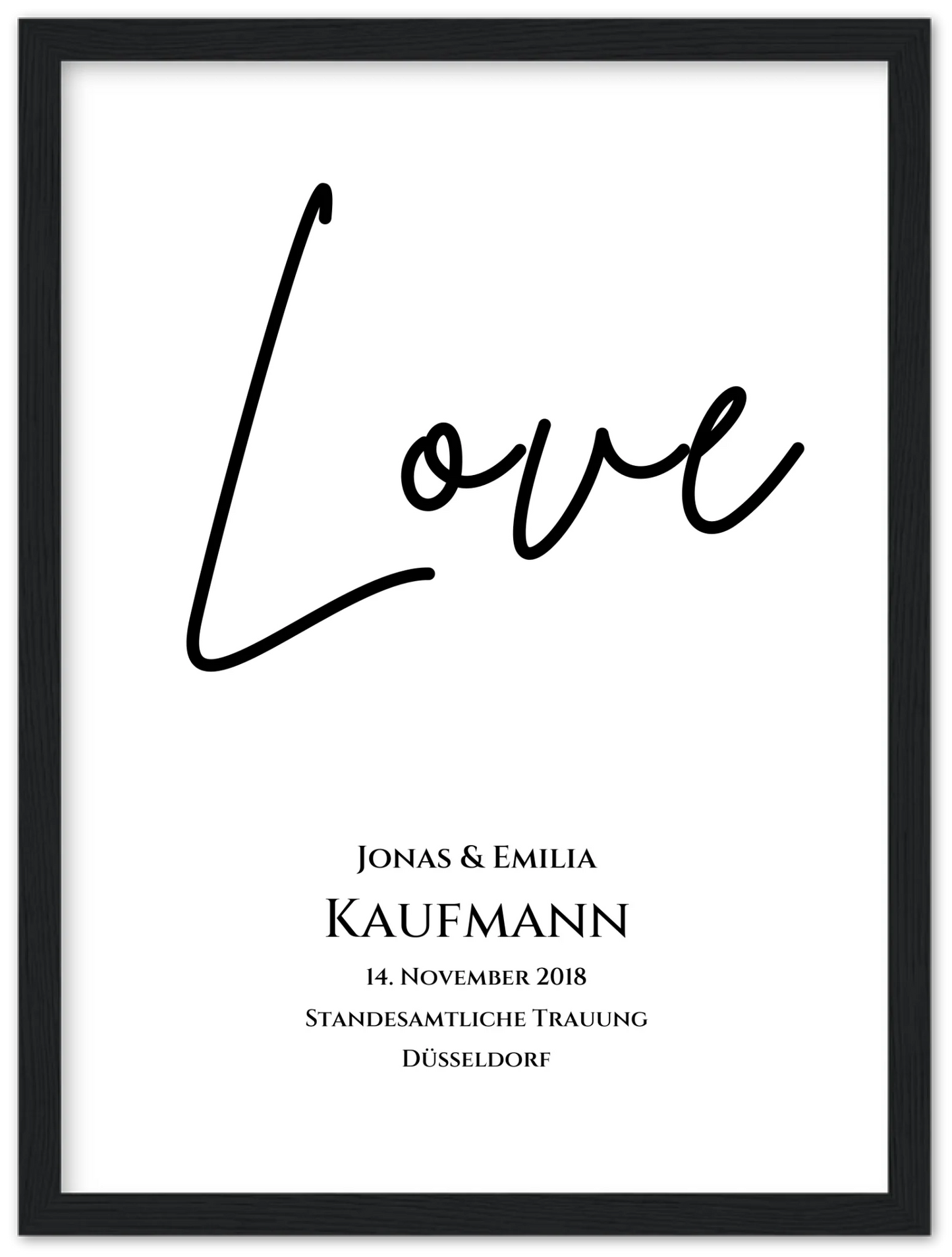 "LOVE" Personalisiertes Hochzeitsposter | Hochzeitsgeschenk Bild mit Namen und Datum Premium Matte Paper Wooden Framed Poster - Black - Vertical Gerahmtes Poster