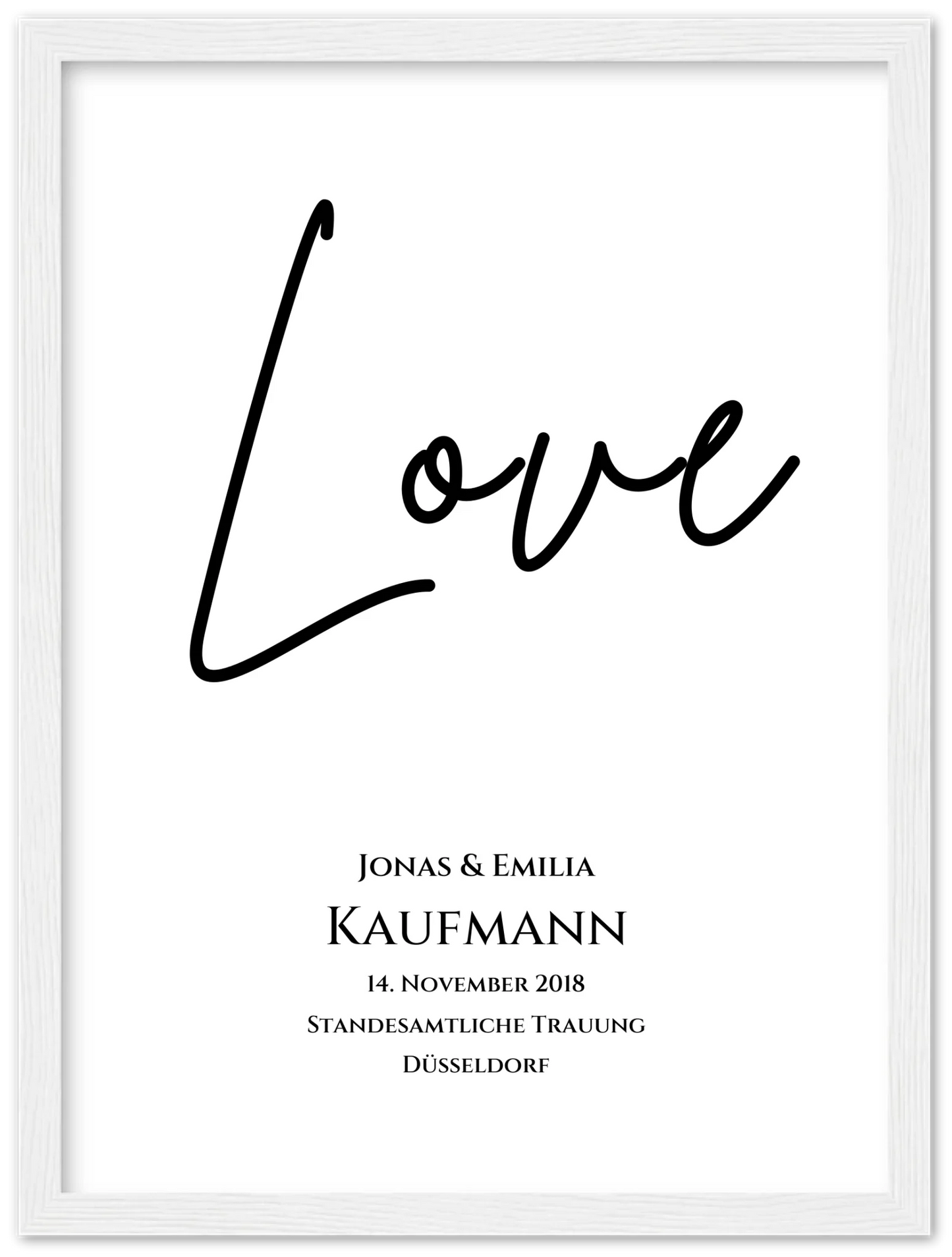 "LOVE" Personalisiertes Hochzeitsposter | Hochzeitsgeschenk Bild mit Namen und Datum Premium Matte Paper Wooden Framed Poster - White - Vertical Gerahmtes Poster