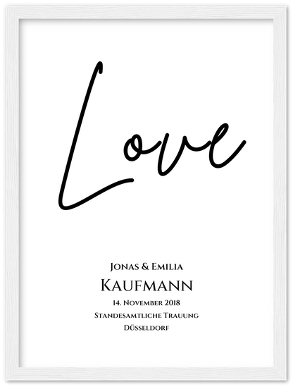 "LOVE" Personalisiertes Hochzeitsposter | Hochzeitsgeschenk Bild mit Namen und Datum Premium Matte Paper Wooden Framed Poster - White - Vertical Gerahmtes Poster