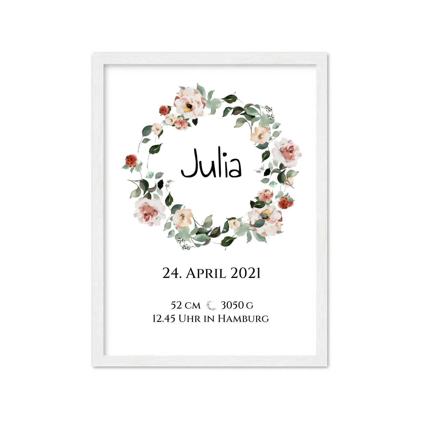 Personalisiertes Poster Geschenk zur Geburt und Taufe | Geburtsanzeige Waldtiere Gerahmtes Poster weiß Holzflair Weiß