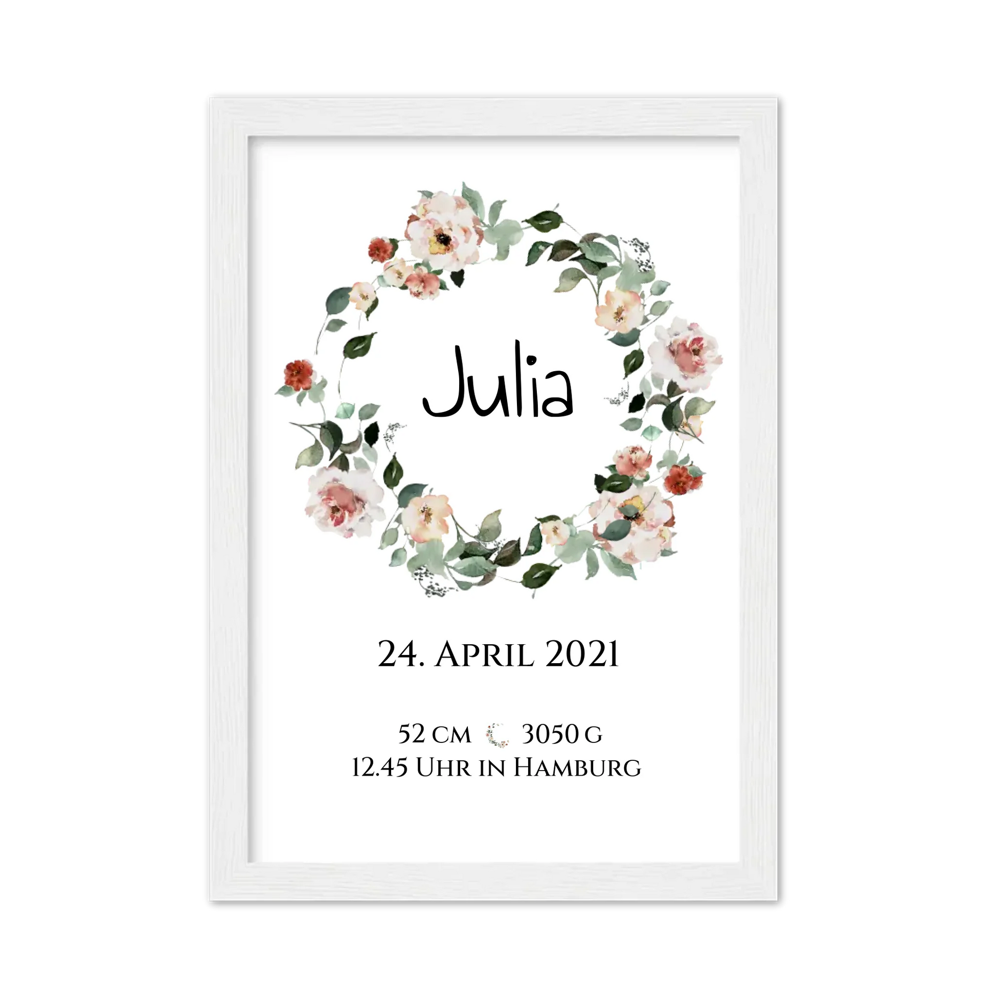 Personalisiertes Poster Geschenk zur Geburt und Taufe | Geburtsanzeige Blumenkranz Gerahmtes Poster weiß Holzflair Weiß