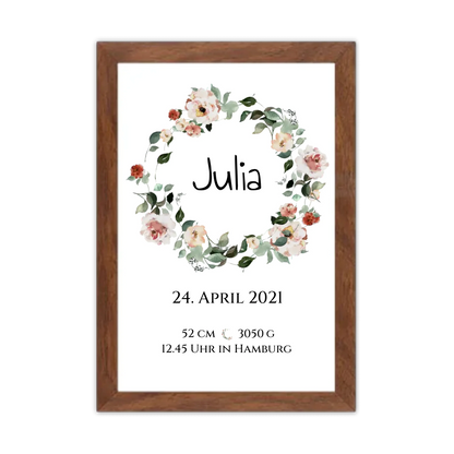 Personalisiertes Poster Geschenk zur Geburt und Taufe | Geburtsanzeige Waldtiere Gerahmtes Poster Walnussflair Walnussflair