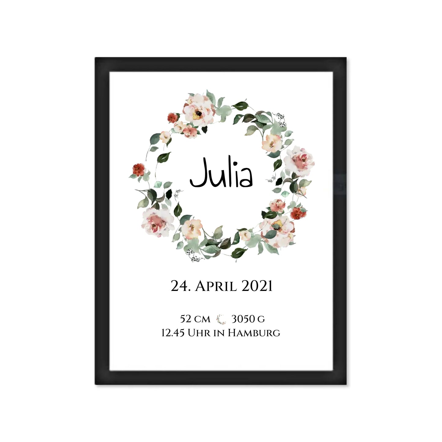 Personalisiertes Poster Geschenk zur Geburt und Taufe | Geburtsanzeige Waldtiere Gerahmtes Poster schwarz Holzflair Schwarz