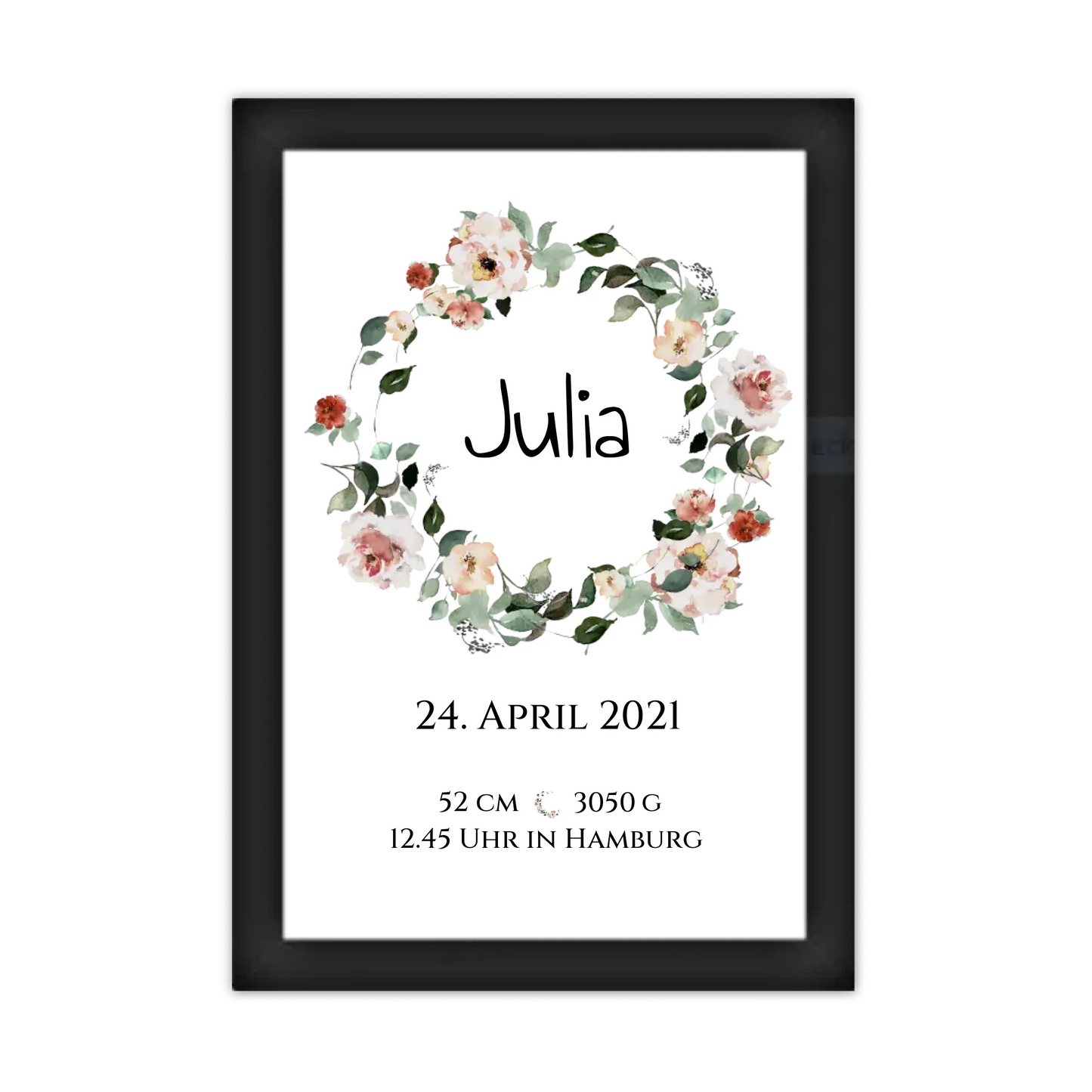 Personalisiertes Poster Geschenk zur Geburt und Taufe | Geburtsanzeige Waldtiere Gerahmtes Poster schwarz Holzflair Schwarz