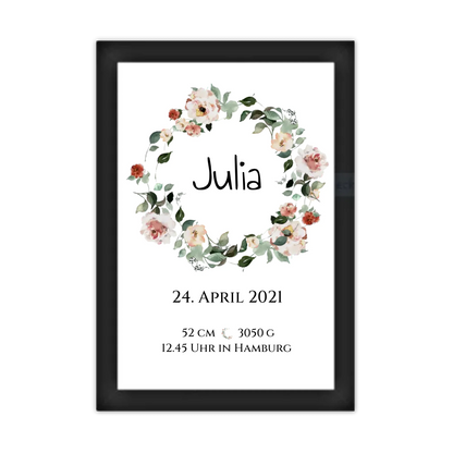 Personalisiertes Poster Geschenk zur Geburt und Taufe | Geburtsanzeige Waldtiere Gerahmtes Poster schwarz Holzflair Schwarz