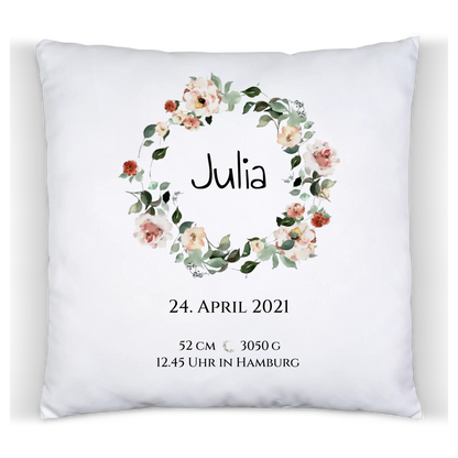 Personalisiertes Poster Geschenk zur Geburt und Taufe | Geburtsanzeige Waldtiere Satinkissen Satinkissen 40x40cm