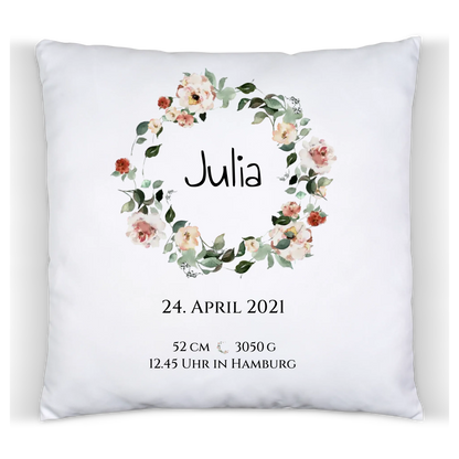 Personalisiertes Poster Geschenk zur Geburt und Taufe | Geburtsanzeige Waldtiere Premium Kissen (Plüschoberfläche) Premium Kissen