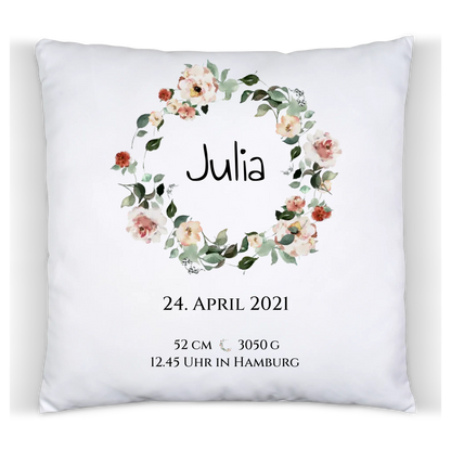 Personalisiertes Poster Geschenk zur Geburt und Taufe | Geburtsanzeige Waldtiere Kissen Baumwolle Baumwollkissen