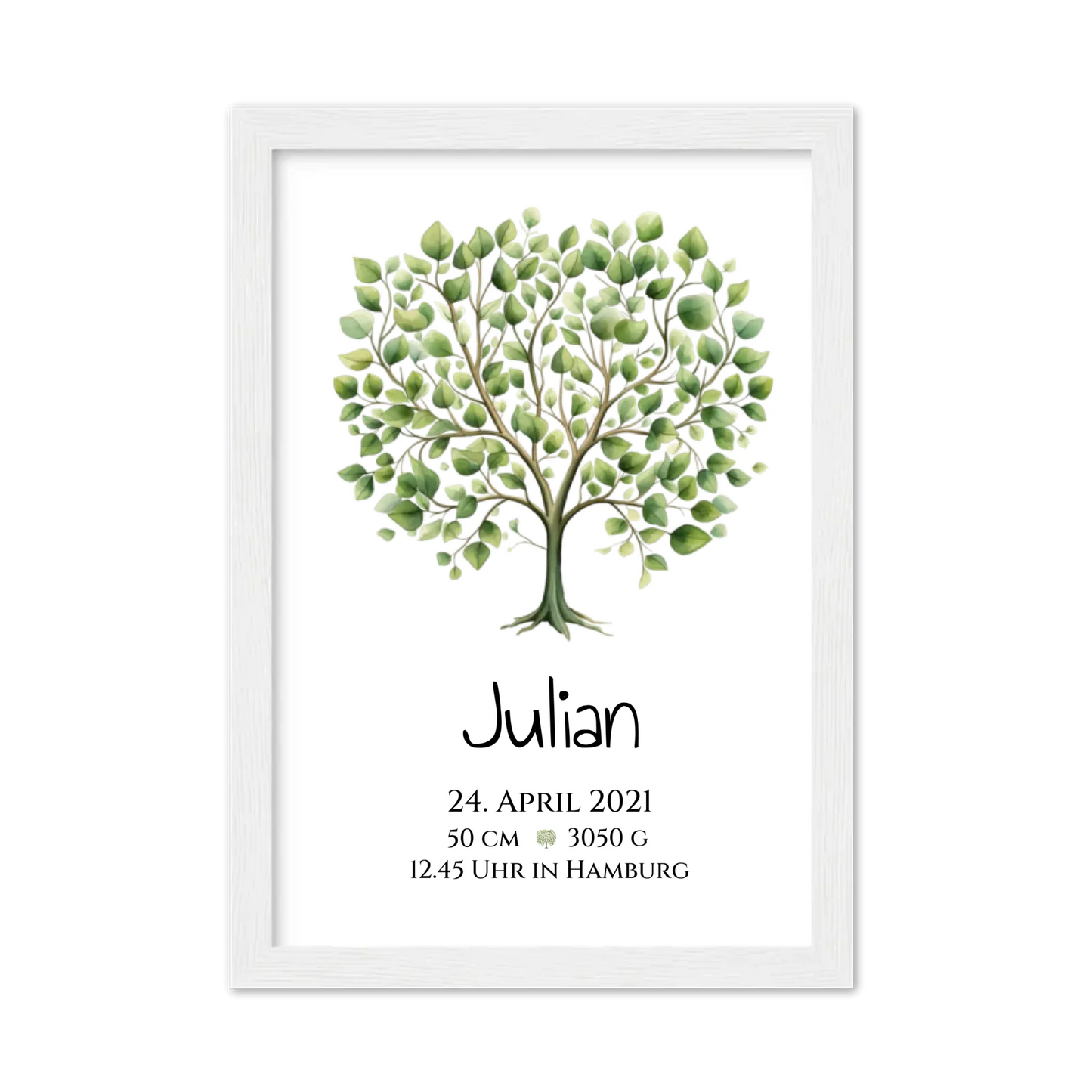 Personalisiertes Poster zur Geburt & Taufe mit Lebensbaum - Geschenkidee Gerahmtes Poster weiß Holzflair Weiß
