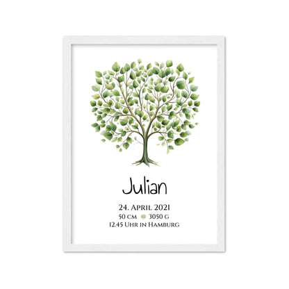 Personalisiertes Poster zur Geburt & Taufe mit Lebensbaum - Geschenkidee Gerahmtes Poster weiß Holzflair Weiß