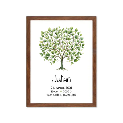Personalisiertes Poster zur Geburt & Taufe mit Lebensbaum - Geschenkidee Gerahmtes Poster Walnussflair Walnussflair