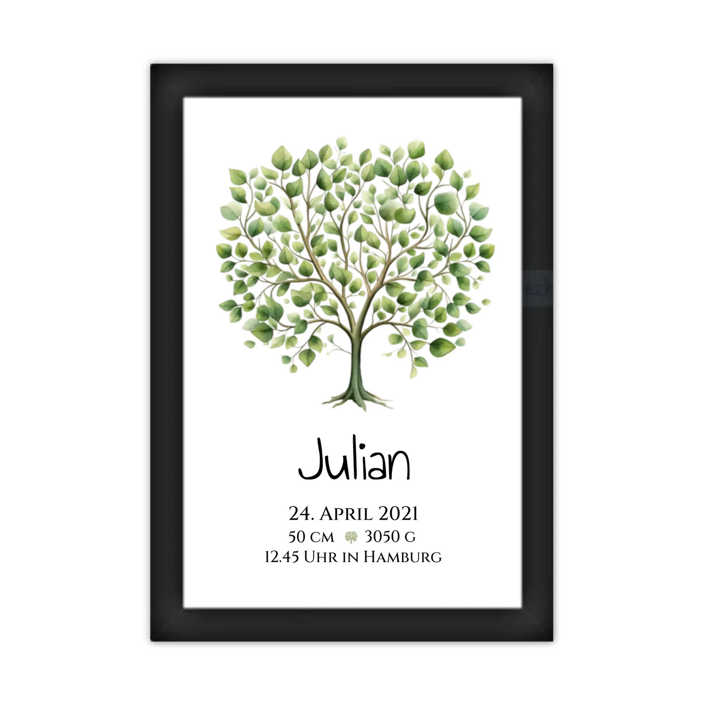 Personalisiertes Poster zur Geburt & Taufe mit Lebensbaum - Geschenkidee Gerahmtes Poster schwarz Holzflair Schwarz