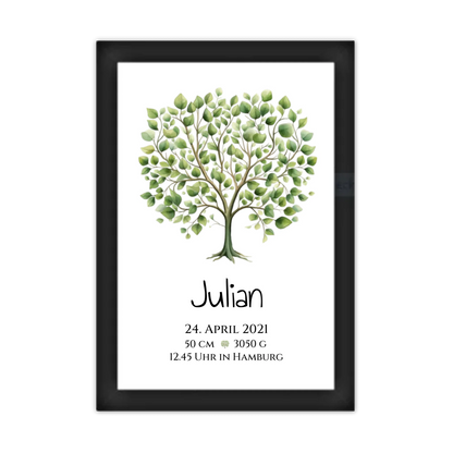 Personalisiertes Poster zur Geburt & Taufe mit Lebensbaum - Geschenkidee Gerahmtes Poster schwarz Holzflair Schwarz