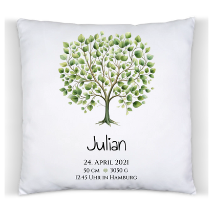 Personalisiertes Poster zur Geburt & Taufe mit Lebensbaum - Geschenkidee Kissen Baumwolle Baumwollkissen