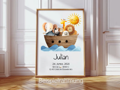 Personalisiertes Poster zur Geburt & Taufe mit Arche Noah Geburtdaten oder Taufdaten - Geschenkidee