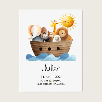 Personalisiertes Poster zur Geburt & Taufe mit Arche Noah Geburtdaten oder Taufdaten - Geschenkidee Leinwanddruck Leinwandbild