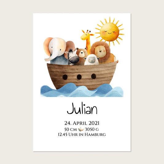 Personalisiertes Poster zur Geburt & Taufe mit Arche Noah Geburtdaten oder Taufdaten - Geschenkidee Posters Poster