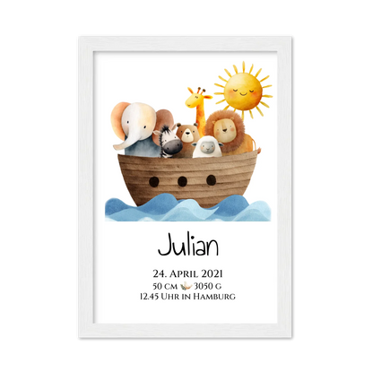 Personalisiertes Poster zur Geburt & Taufe mit Arche Noah Geburtdaten oder Taufdaten - Geschenkidee Gerahmtes Poster weiß Holzflair Weiß