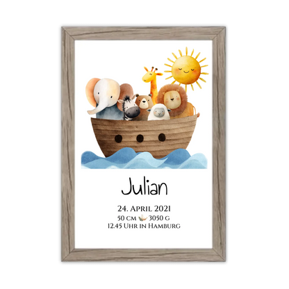 Personalisiertes Poster zur Geburt & Taufe mit Arche Noah Geburtdaten oder Taufdaten - Geschenkidee Gerahmtes Poster Eichenflair Eichenflair