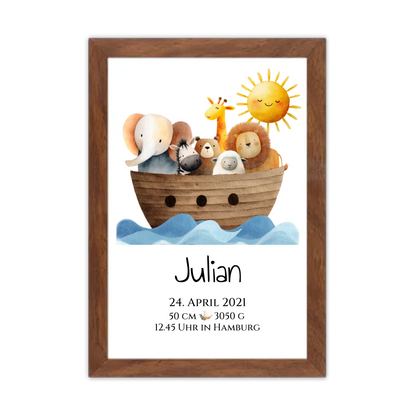 Personalisiertes Poster zur Geburt & Taufe mit Arche Noah Geburtdaten oder Taufdaten - Geschenkidee Gerahmtes Poster Walnussflair Walnussflair